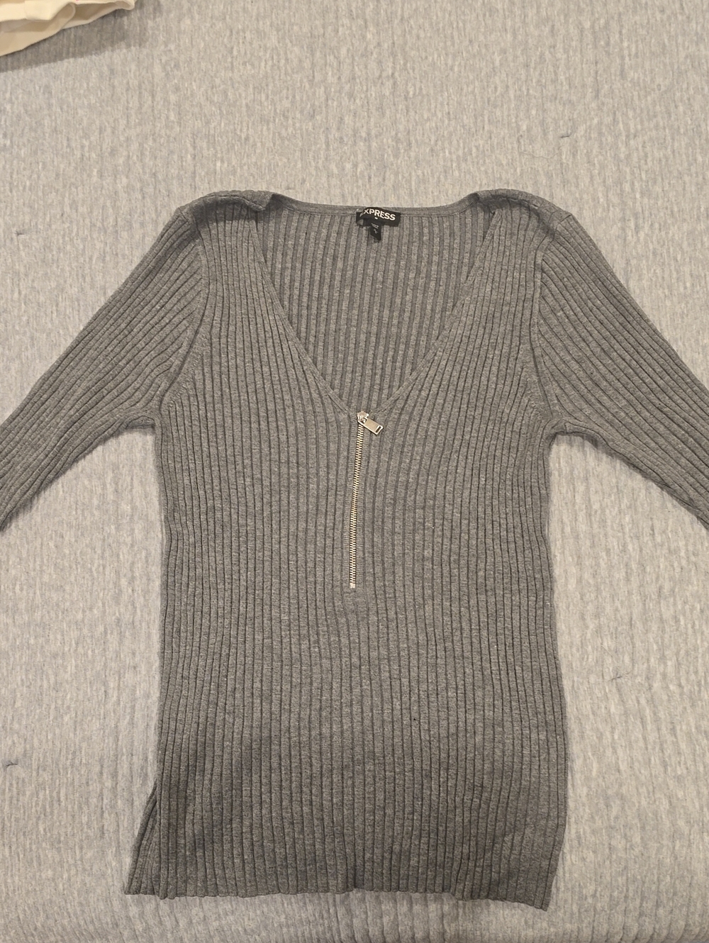 Express Gray Ribbed V-Neck Sweater with Front Zip.